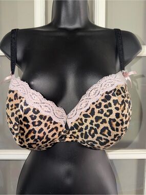 Cacique Leopard Print Underwire Bra with Pink Lace Trim 40DD